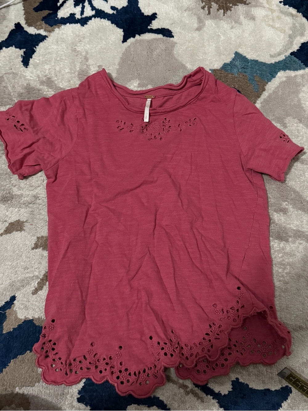 Free People Rose Pink Eyelet Scallop Short Sleeve Tee
